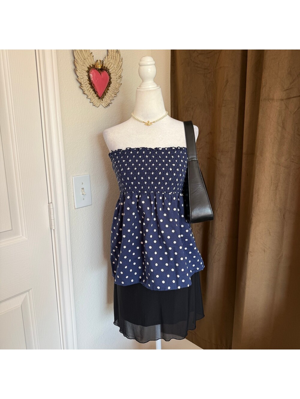 Calliope Navy Blue Polka Dot Strapless Smocked Top with Back Tie, Size Large